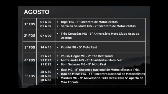 Eventos do mês de Agosto de 2026